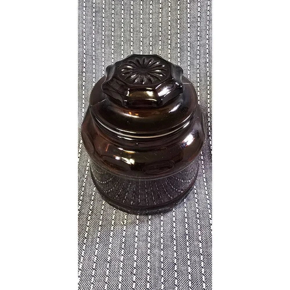 VTG Cremora 1970's Dark Amber Brown Glass Apothecary Jar - Starburst Lid - 4 in